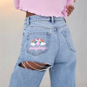 Playboy Light Blue Rainbow Back Slash Boyfriend Jeans.